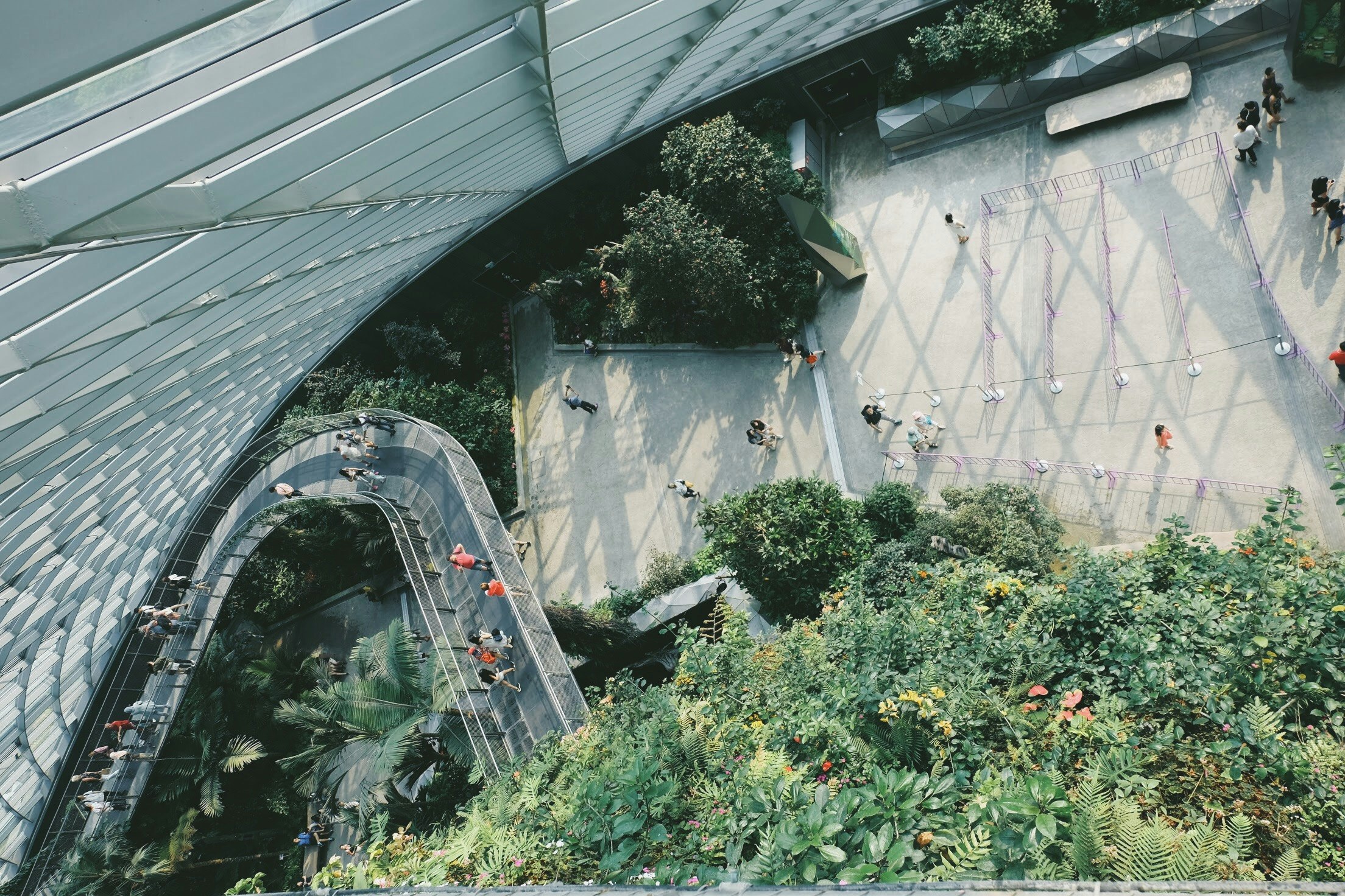 aerial view of people walking towards the building